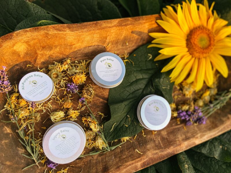 herbal salves on calendula comfrey and a sunflower