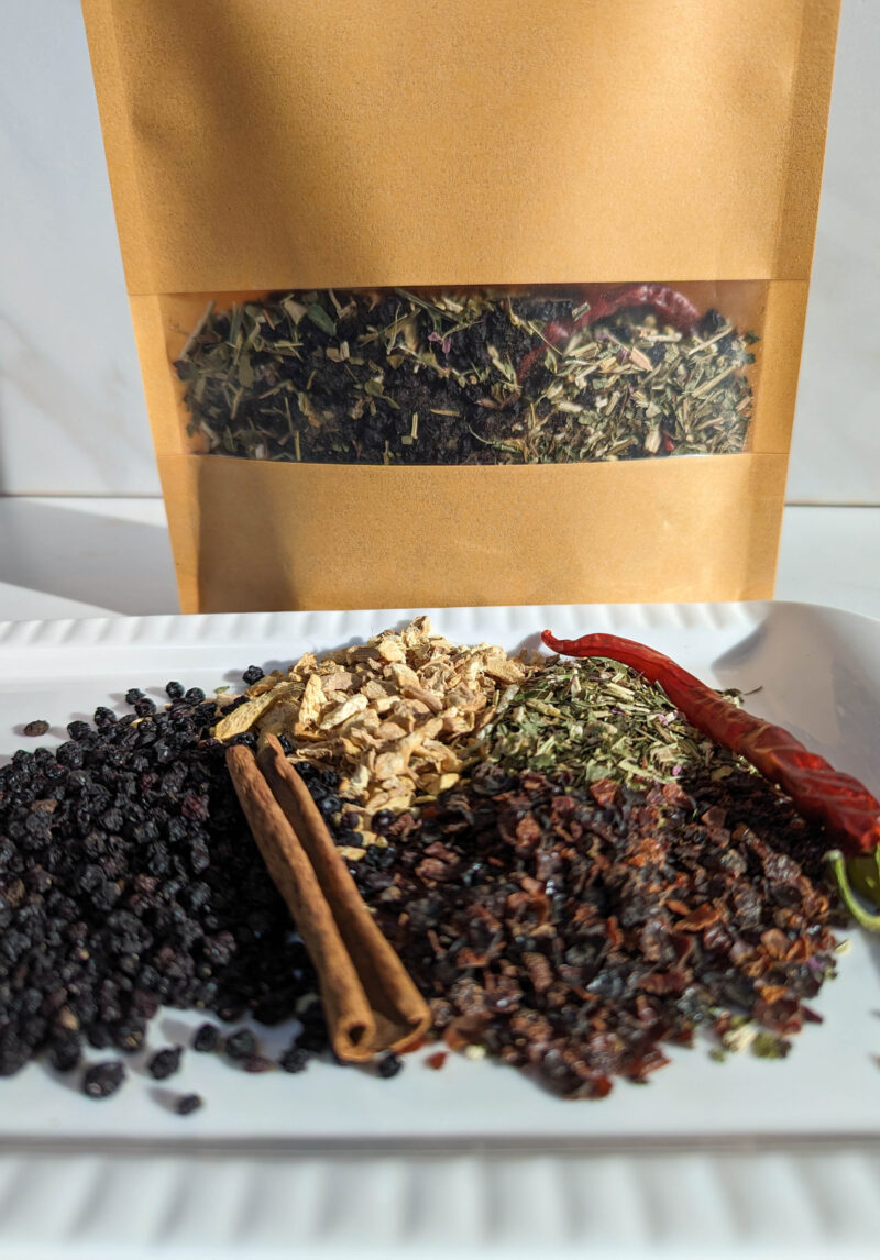 dried herbs elderberry cinnamon stick rose hips ginger root echinacea cayenne pepper