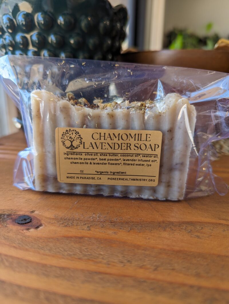 chamomile lavender soap on wood counter top