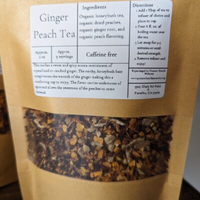 ginger peach tea in a kraft bag