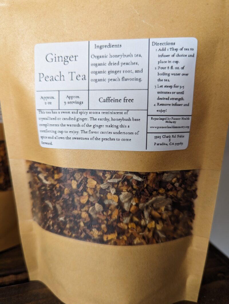 ginger peach tea in a kraft bag