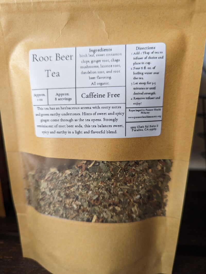 root beer tea in a kraft bag