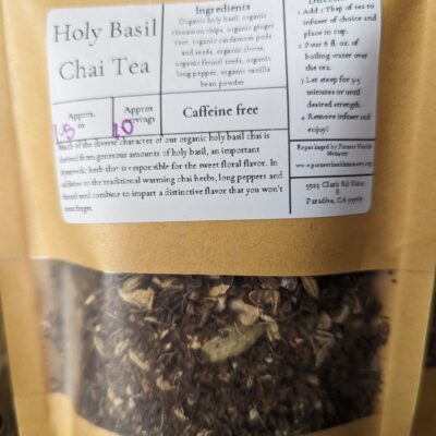 holy basil chai tea in a kraft bag