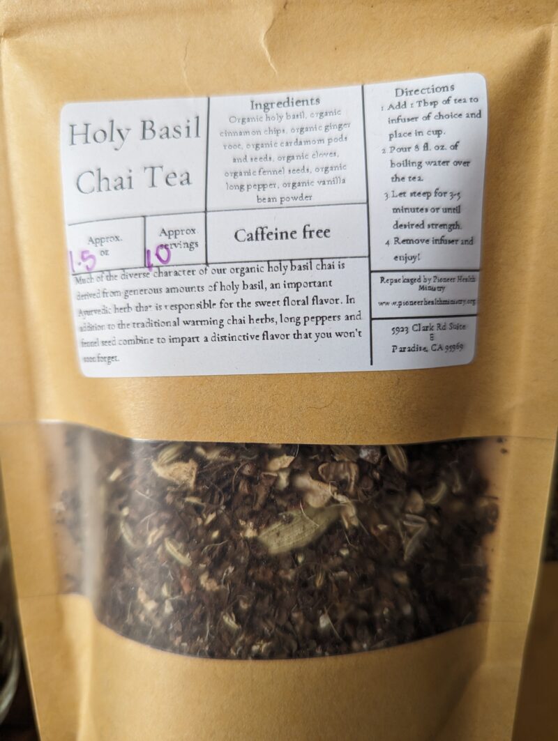 holy basil chai tea in a kraft bag