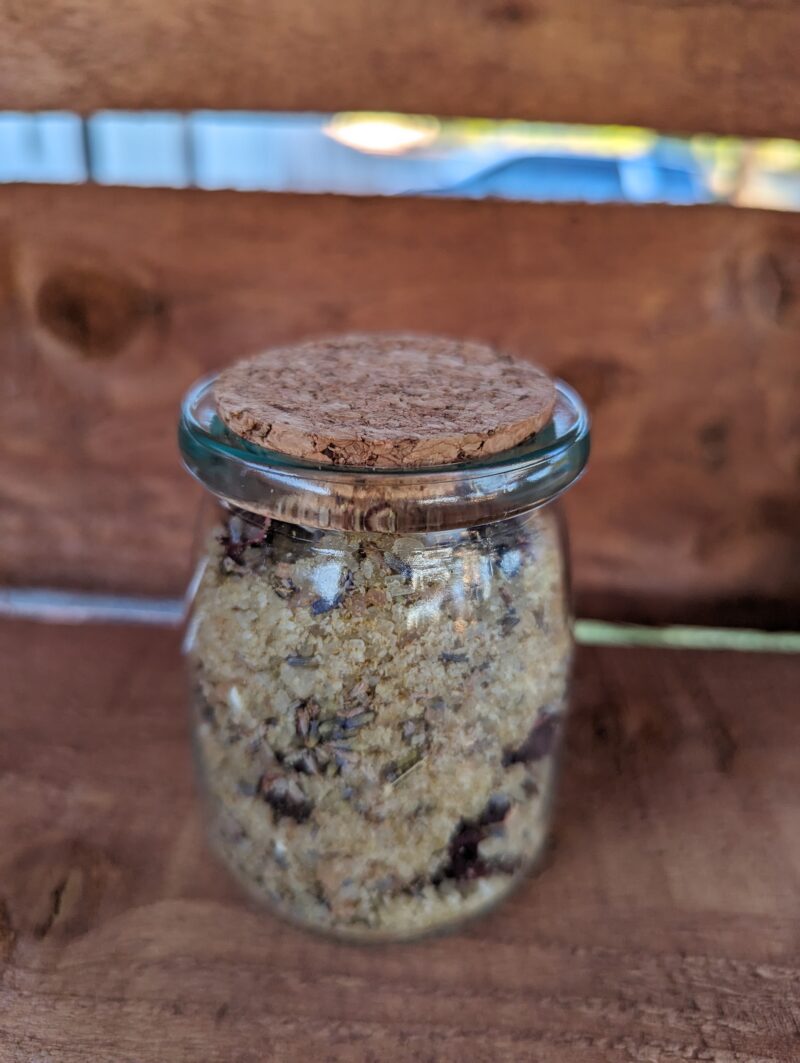 Serenity Soak Blend bath salts in a glass jar