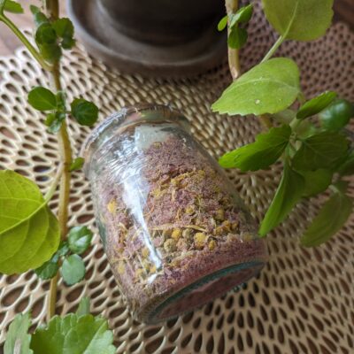 Buttermilk & Flowers Soak in glass jar with plant leaves