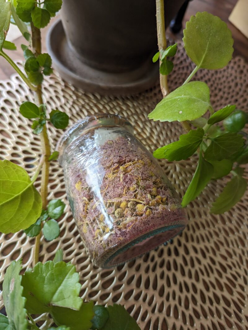 Buttermilk & Flowers Soak in glass jar with plant leaves