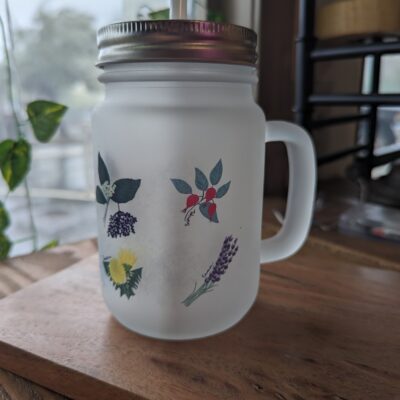 handmade frosted mason jar with lid and straw