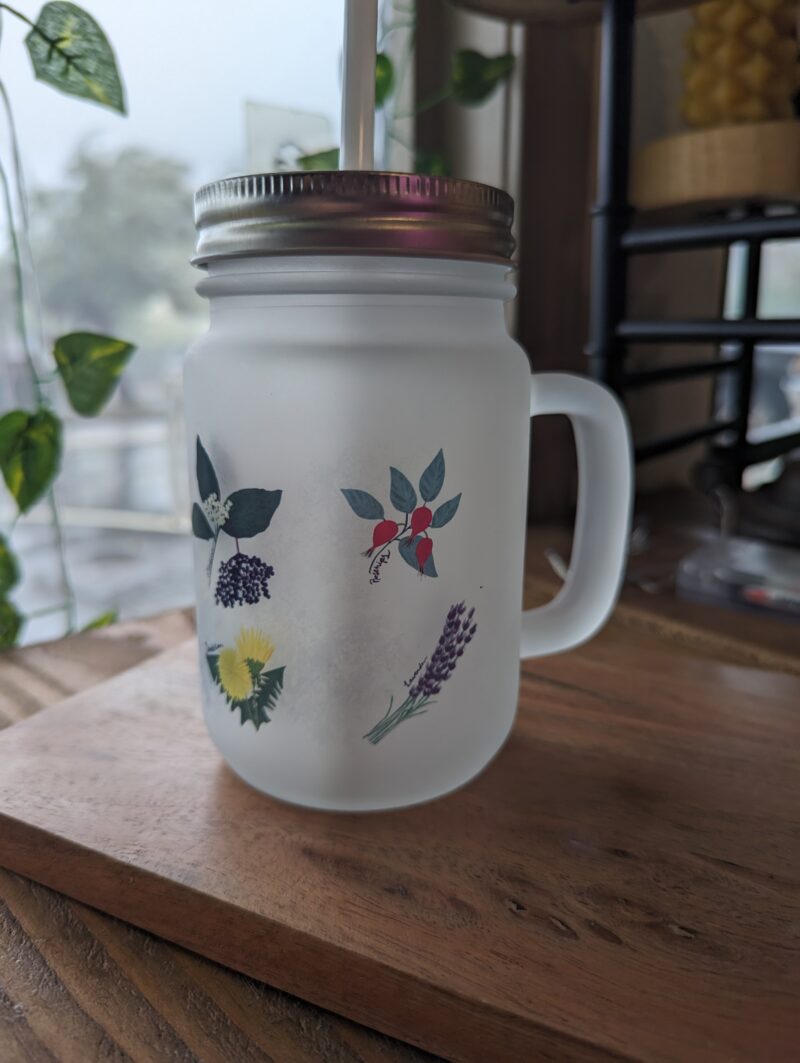 handmade frosted mason jar with lid and straw