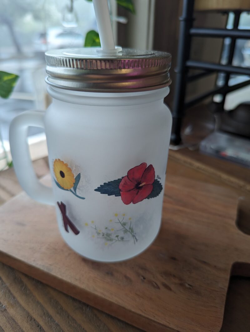 handmade frosted mason jar with lid and straw