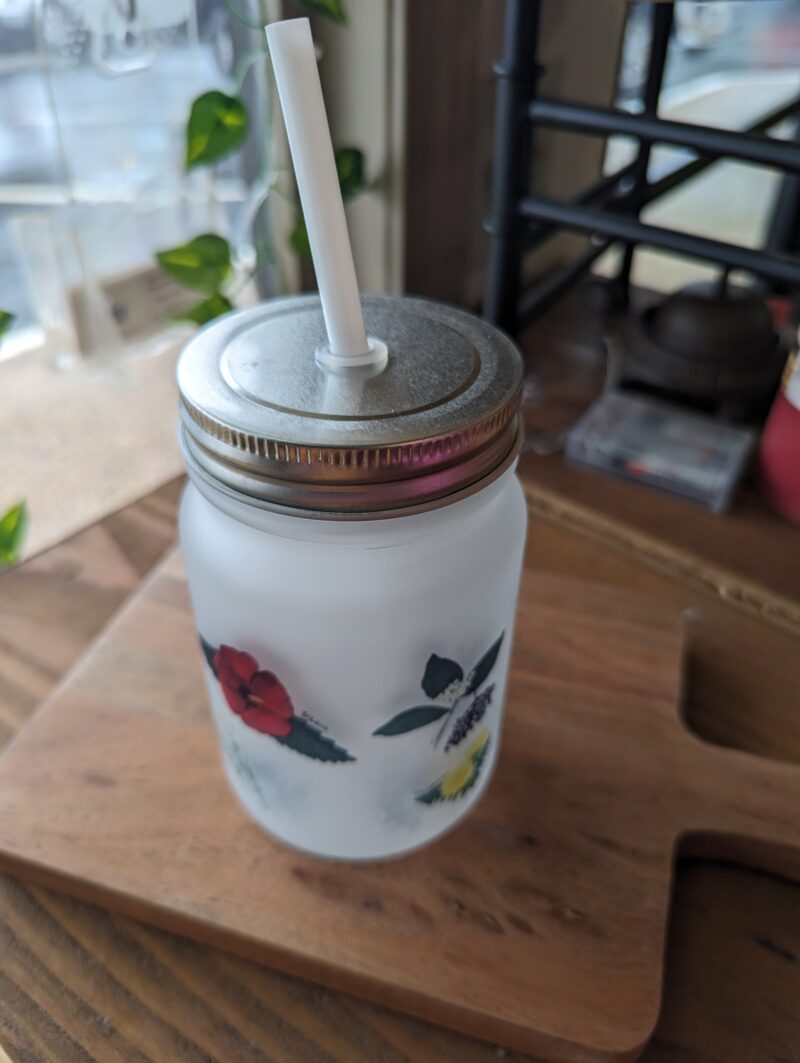 handmade frosted mason jar with lid and straw