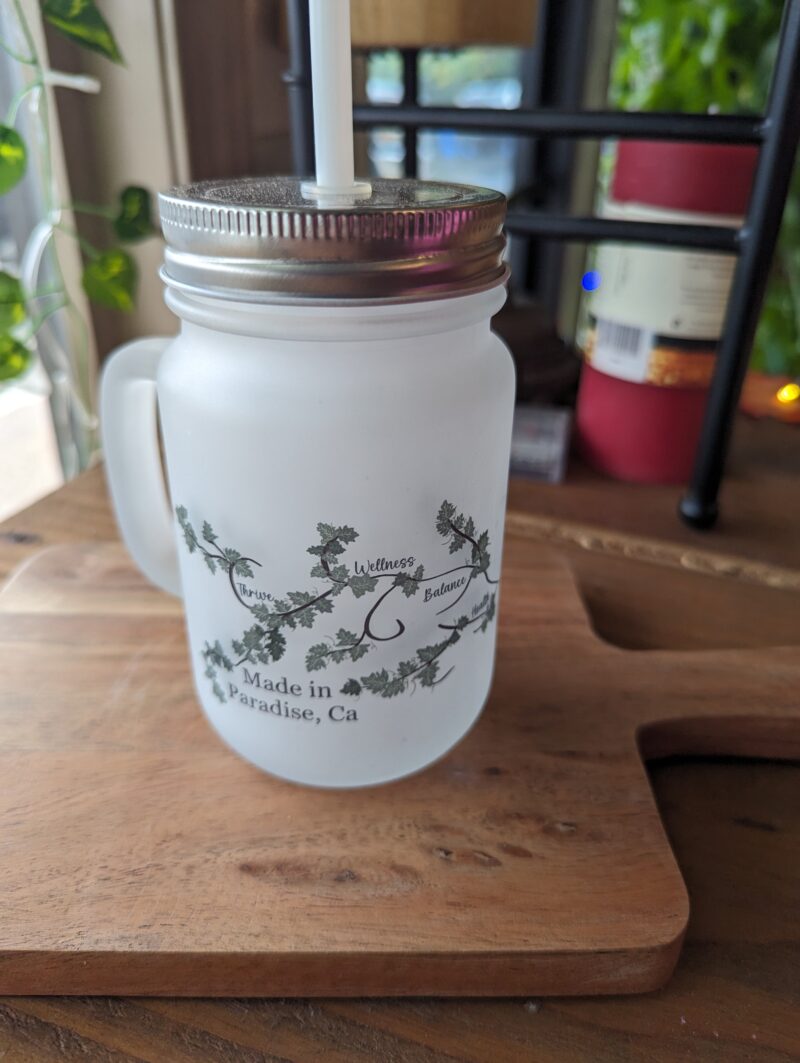 handmade frosted mason jar with lid and straw